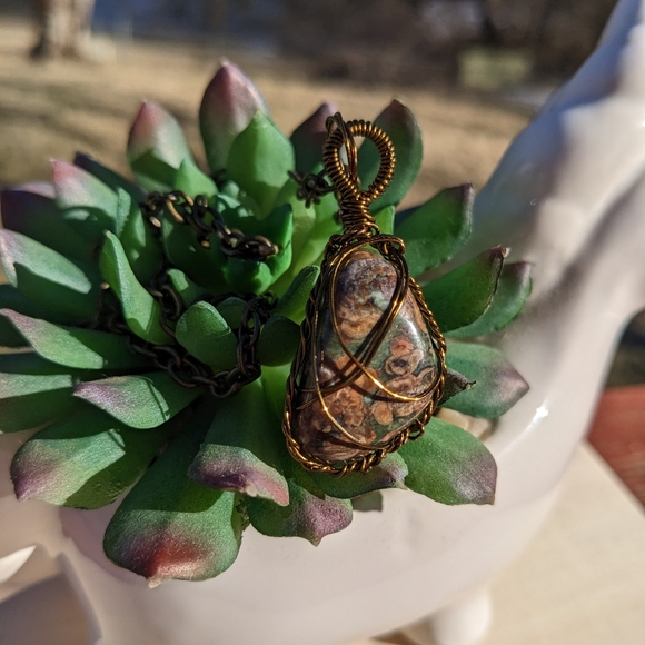 Groovy Jasper Stone Bronze Wire Wrapped Necklace Artisan Wearable Art Handmade - Picture 15 of 17